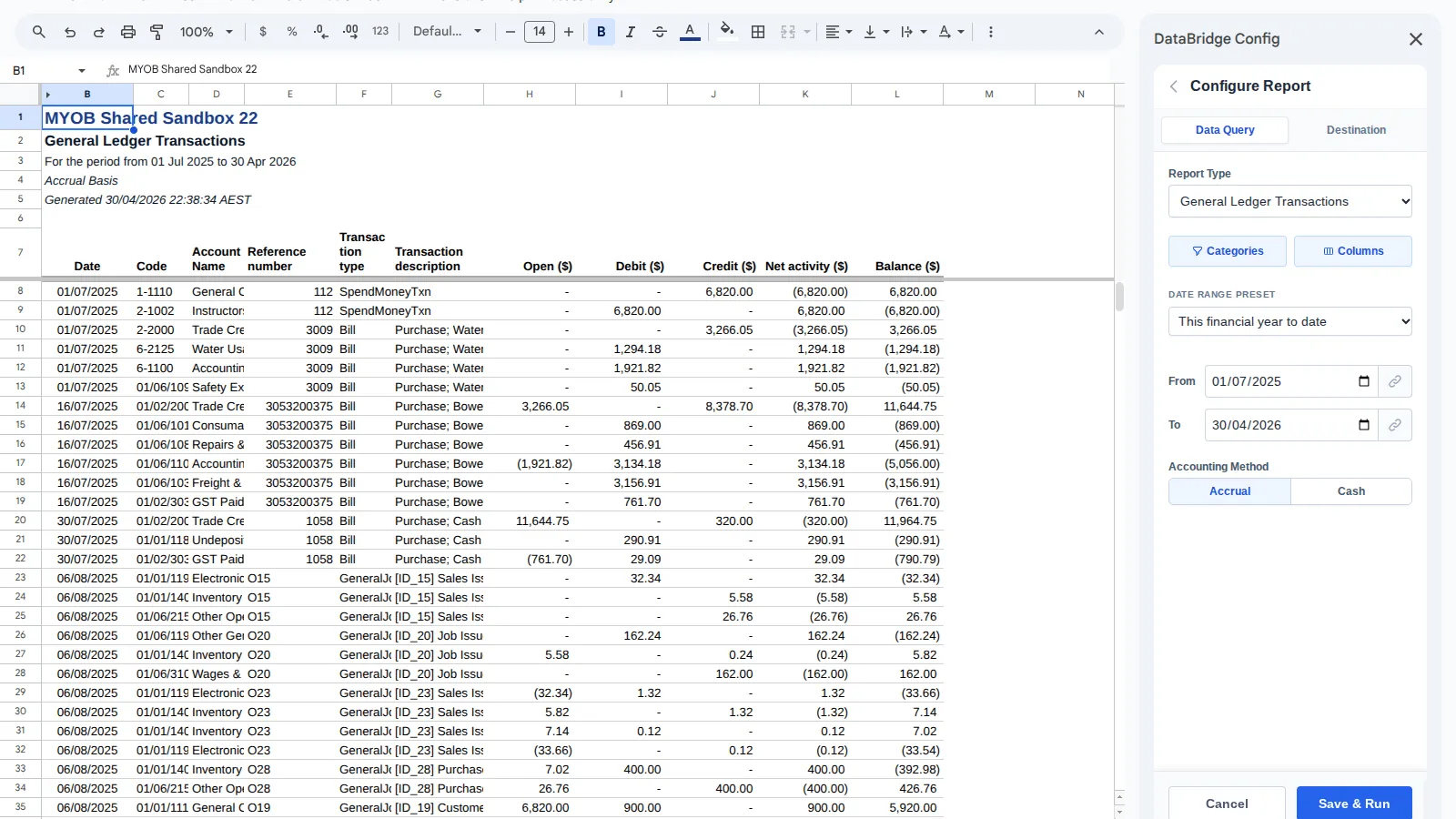 DataBridge MYOB General Ledger