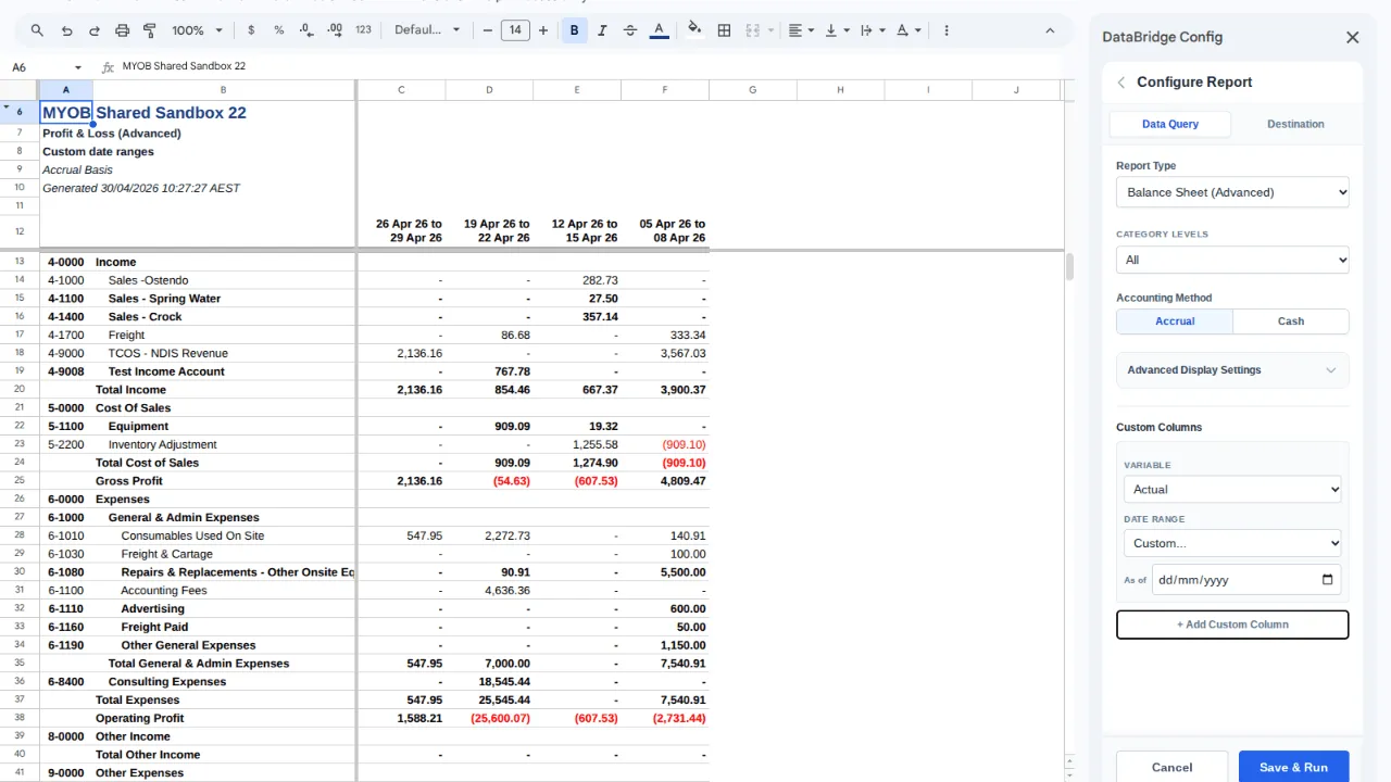 DataBridge MYOB Profit and Loss Advanced