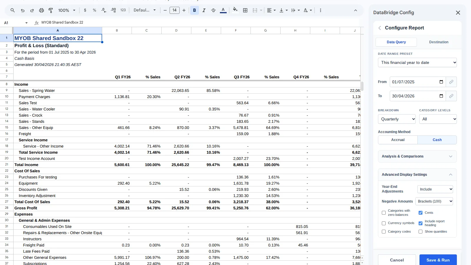 DataBridge MYOB Profit and Loss Standard