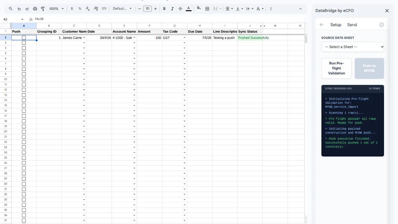 DataBridge MYOB Data Push Success