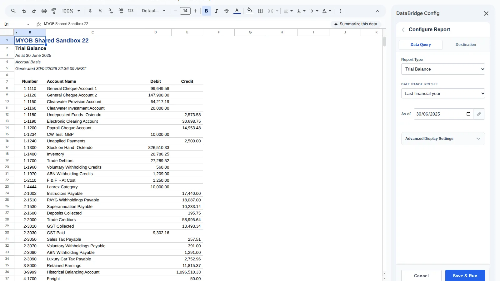 DataBridge MYOB Trial Balance